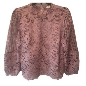 Womens Pink Long Sleeve Crochet Lace Top XL Fairy Romantic Feminine Coquette
